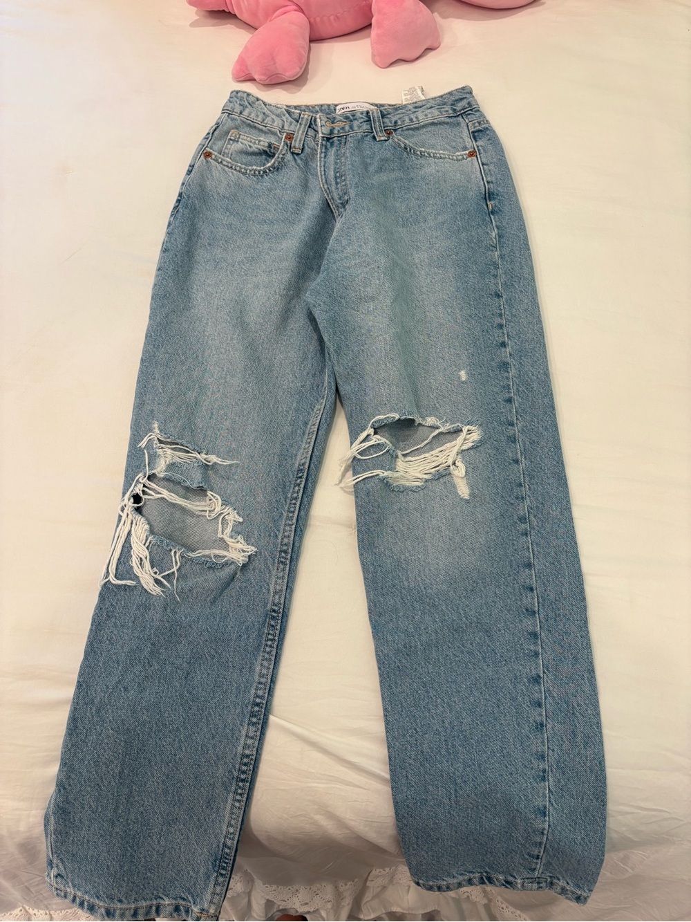 Zara Light Blue Distressed Straight Leg Jeans